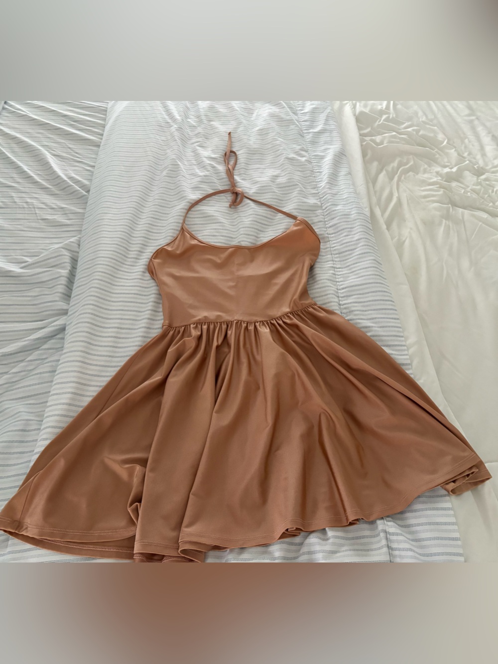 Halter Skater Dress in Warm Brown/nude.